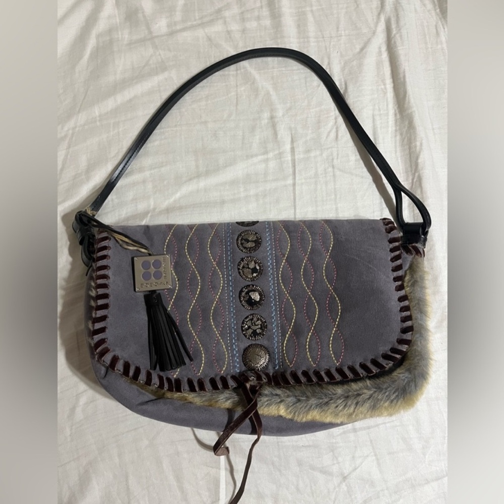 BCBGirls Gray Suede Shoulder Bag with Fur Trim and Decorative Buttons